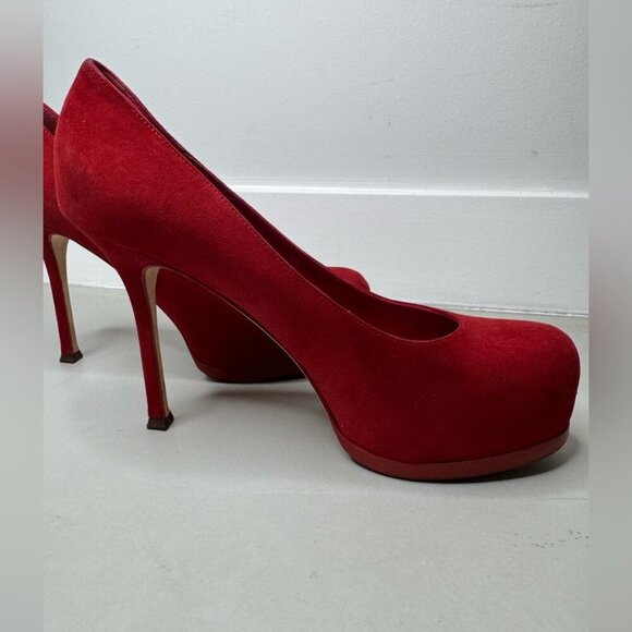 Saint Laurent Red/Coral Suede Tribtoo Platform Pumps – Size 39 - Picture 10 of 16